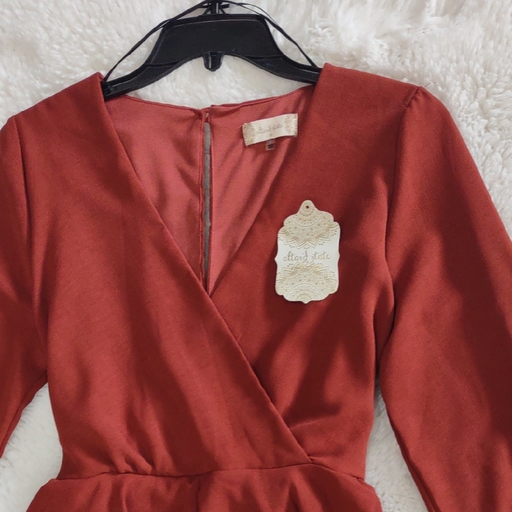 Altar'd State Rust Long Sleeve Peplum Jumpsuit. - Picture 11 of 17